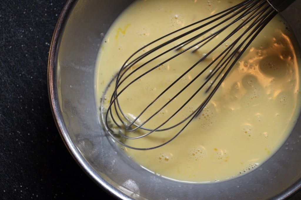 Whisk the eggs and half and half and then pour into the pie shell
