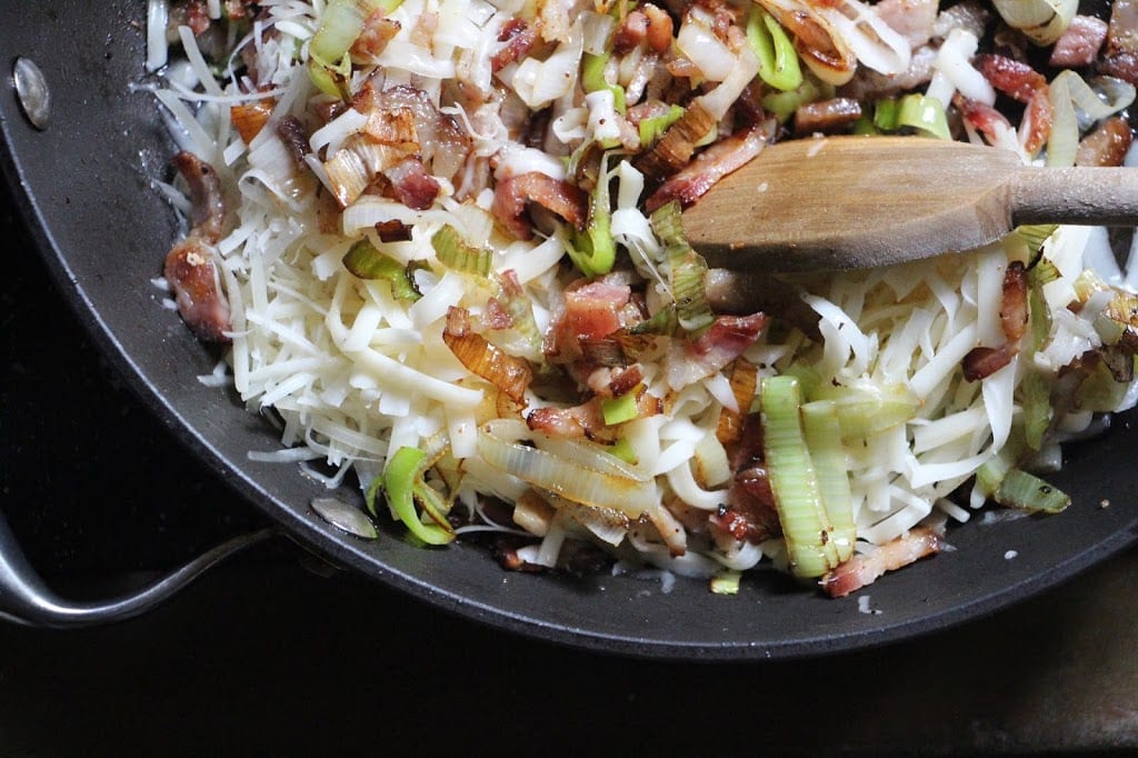 Combine the leeks with the bacon and cheeses