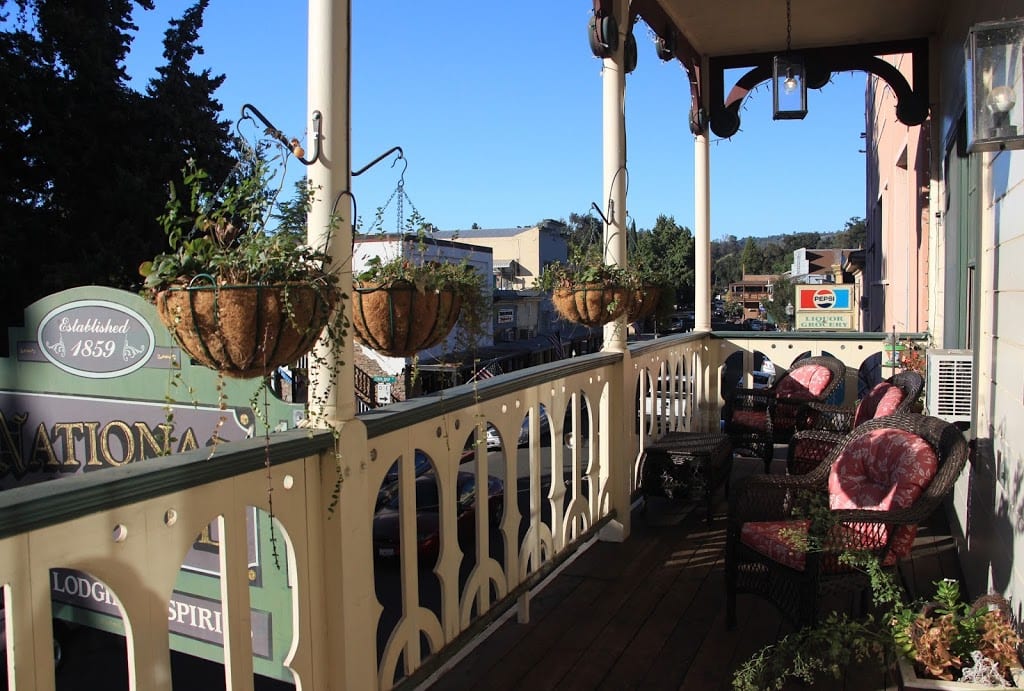 Hotel balcony overlooking Main Street in Jamestown