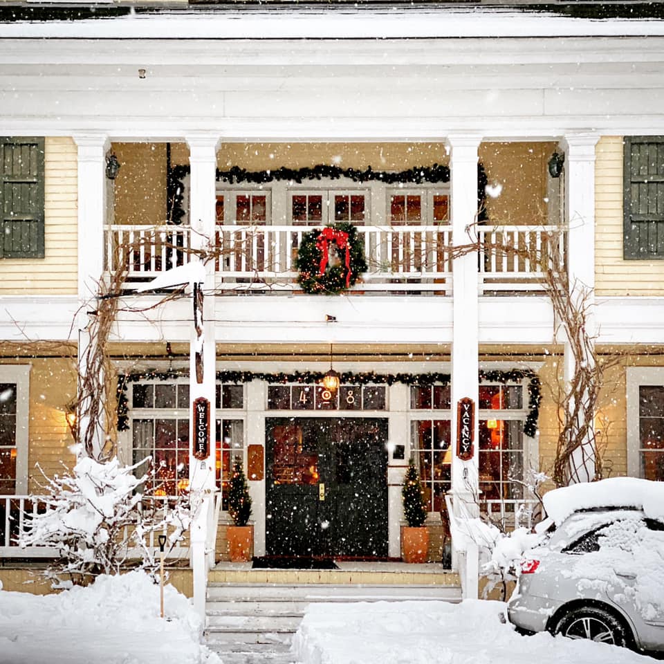 McCloud Hotel exterior in winter