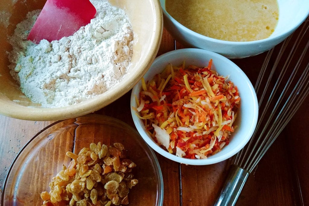 Mixing ingredients for the Strawberry Creek Inn's carrot cake muffins