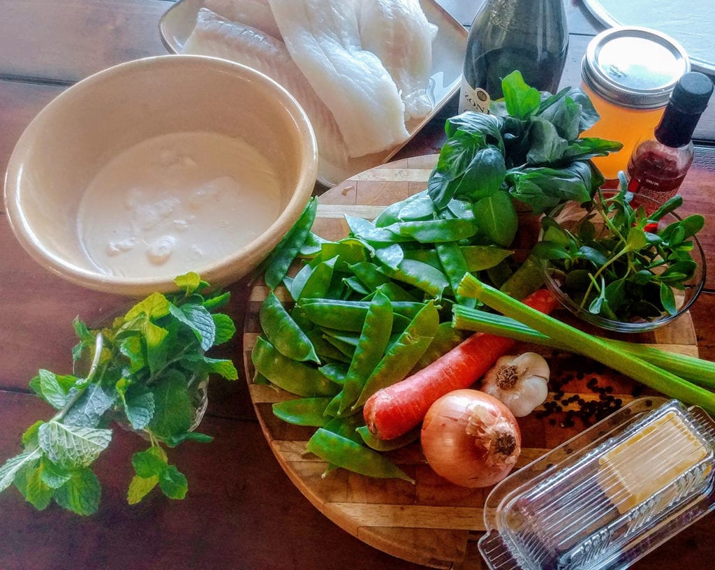 Ingredients for spring pea fricassee with ling cod