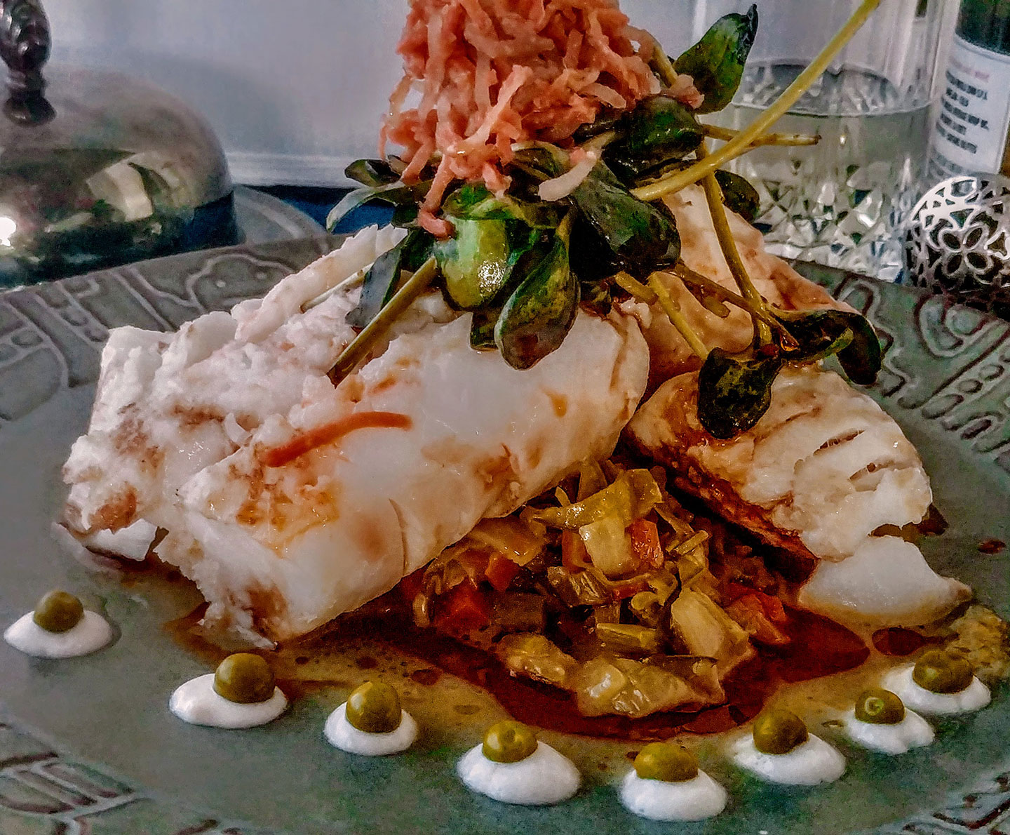 Spring Pea Fricassée with Local Ling Cod from the Inn at Newport Ranch CABBI