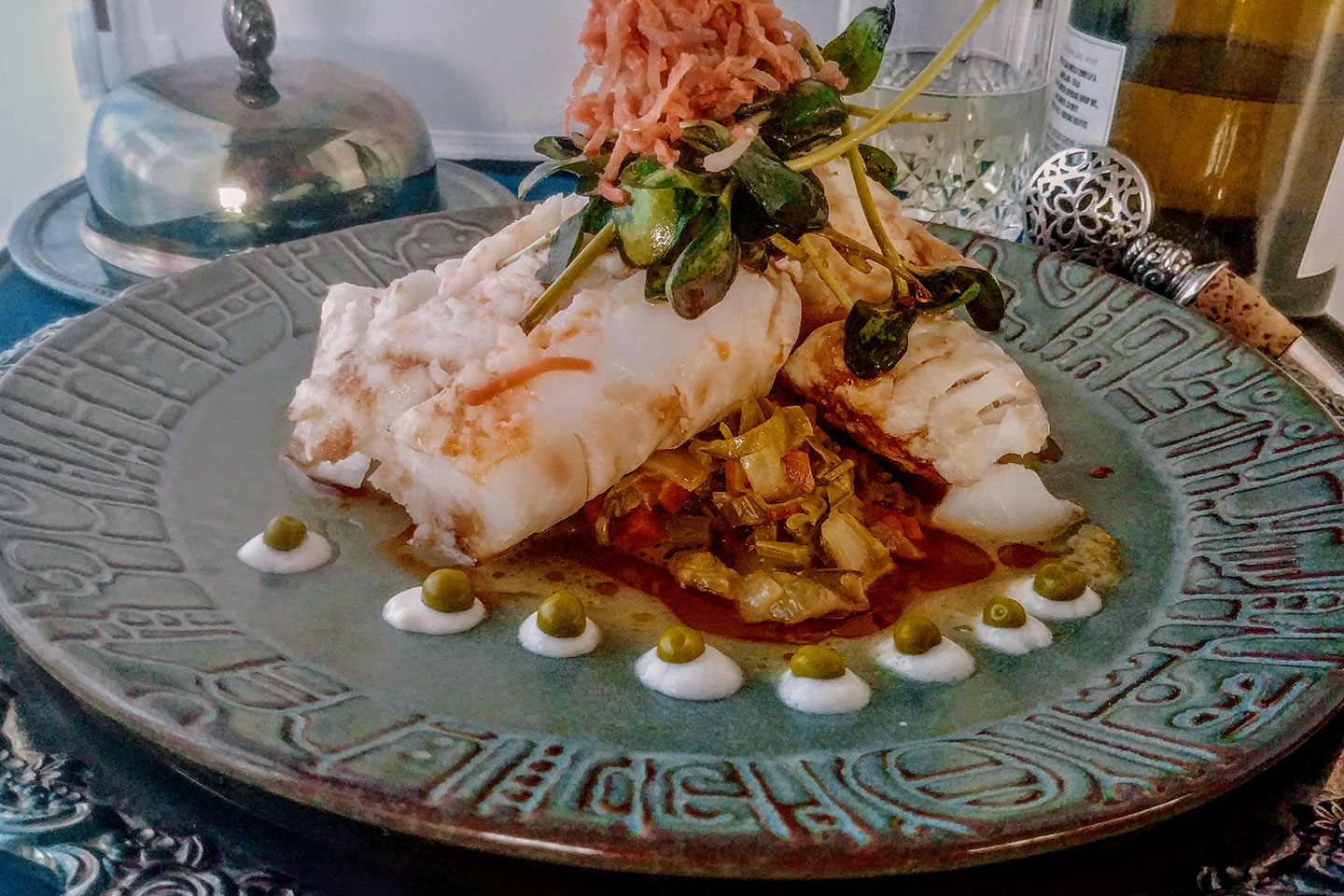 Spring Pea Fricassée with Local Ling Cod from the Inn at Newport Ranch CABBI