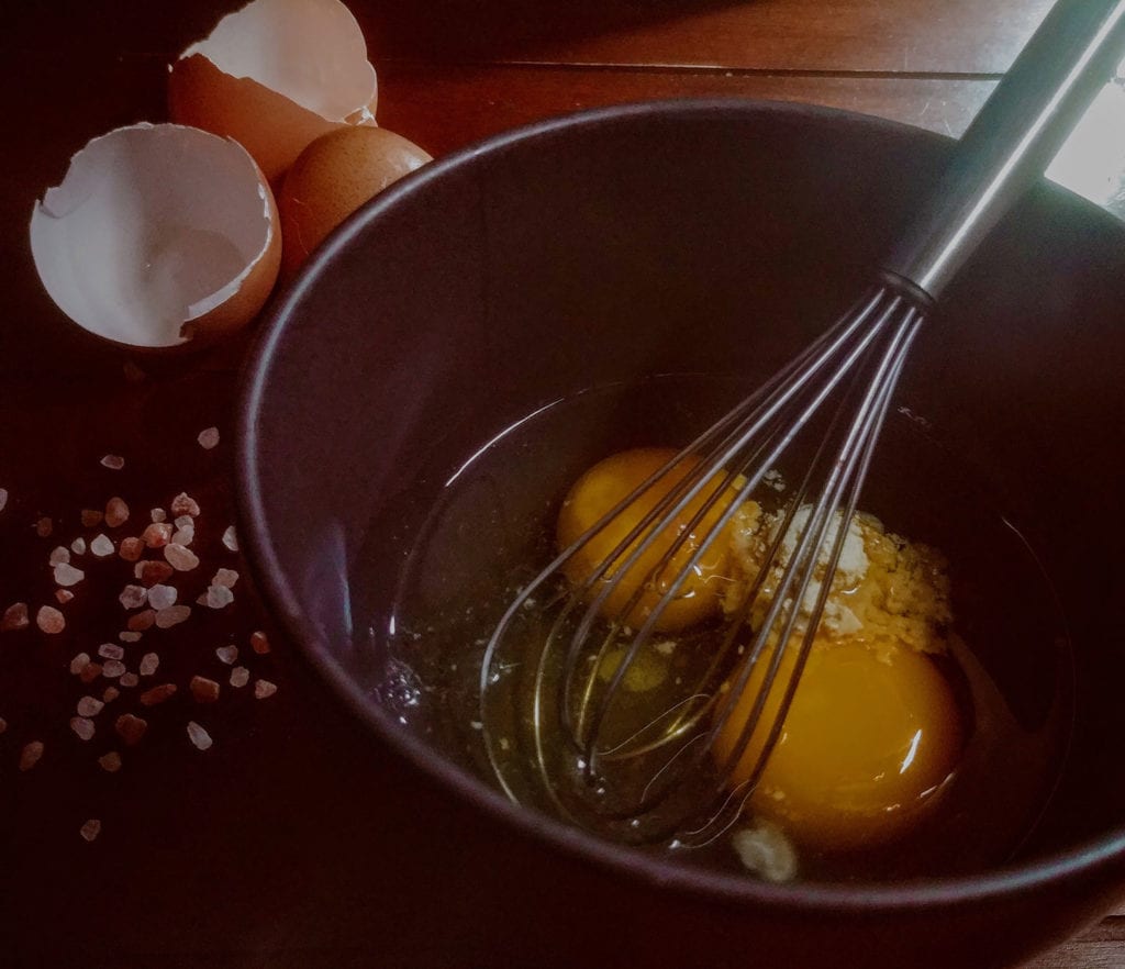 Whisk the eggs together with the dry mustard powder and a pinch of salt.
