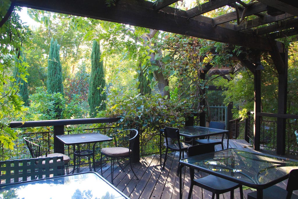 Garden view from the breakfast patio at Eden Vale Inn