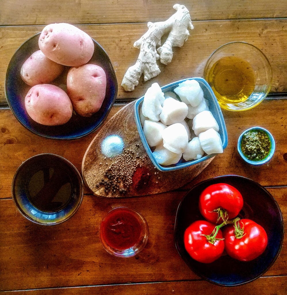 Ingredients for ginger scallops with artichoke mashed potatoes