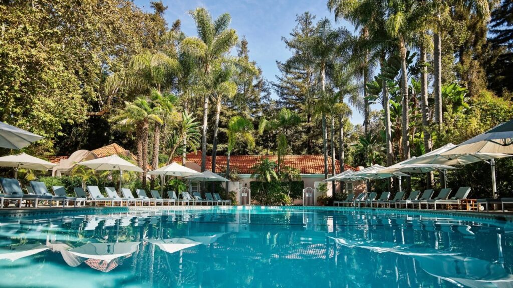 The iconic oval-shaped pool at Hotel Bel-Air