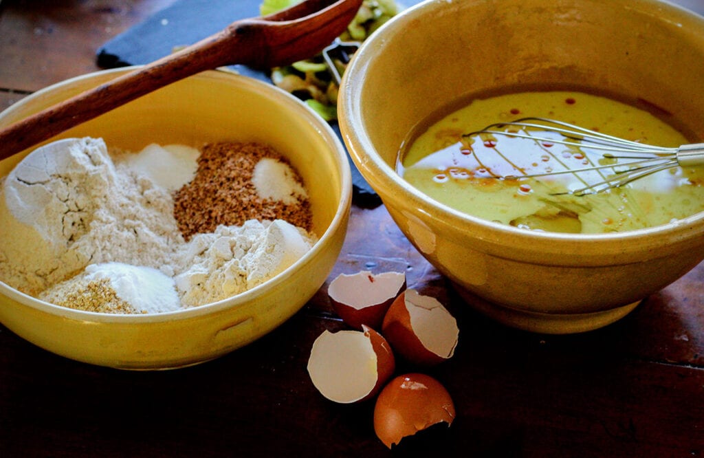 Mix the dry and wet ingredients in separate bowls.