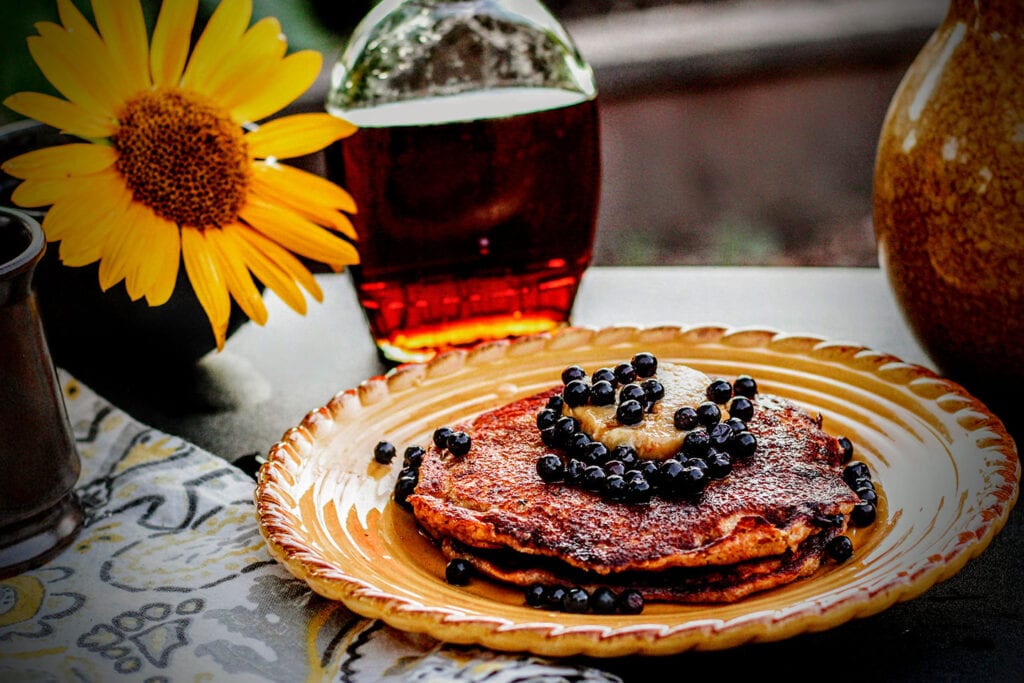 Wild Huckleberry Whole Wheat Pancakes with Pine Nut Butter