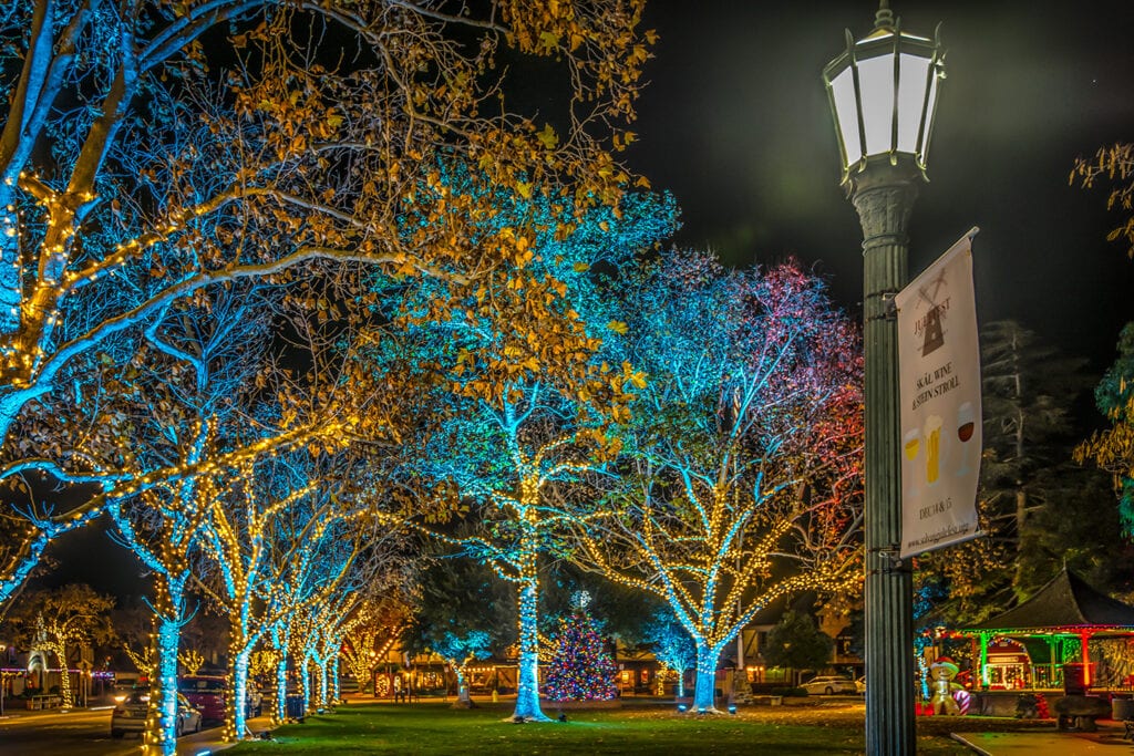 Solvang town square decorated in lights for the holidays