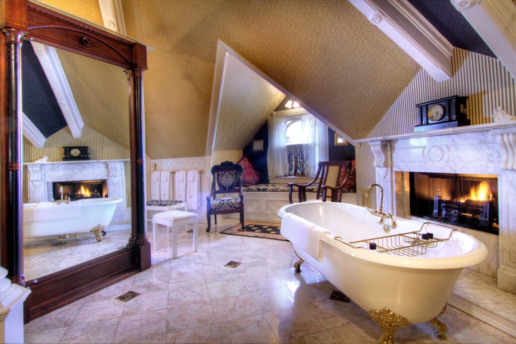 Fireside bath in the Empire Suite at Gingerbread Mansion