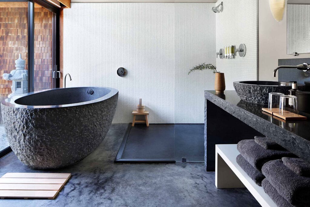 Granite soaking tub in the Ryokan Zen Suite at Gaige House + Ryokan