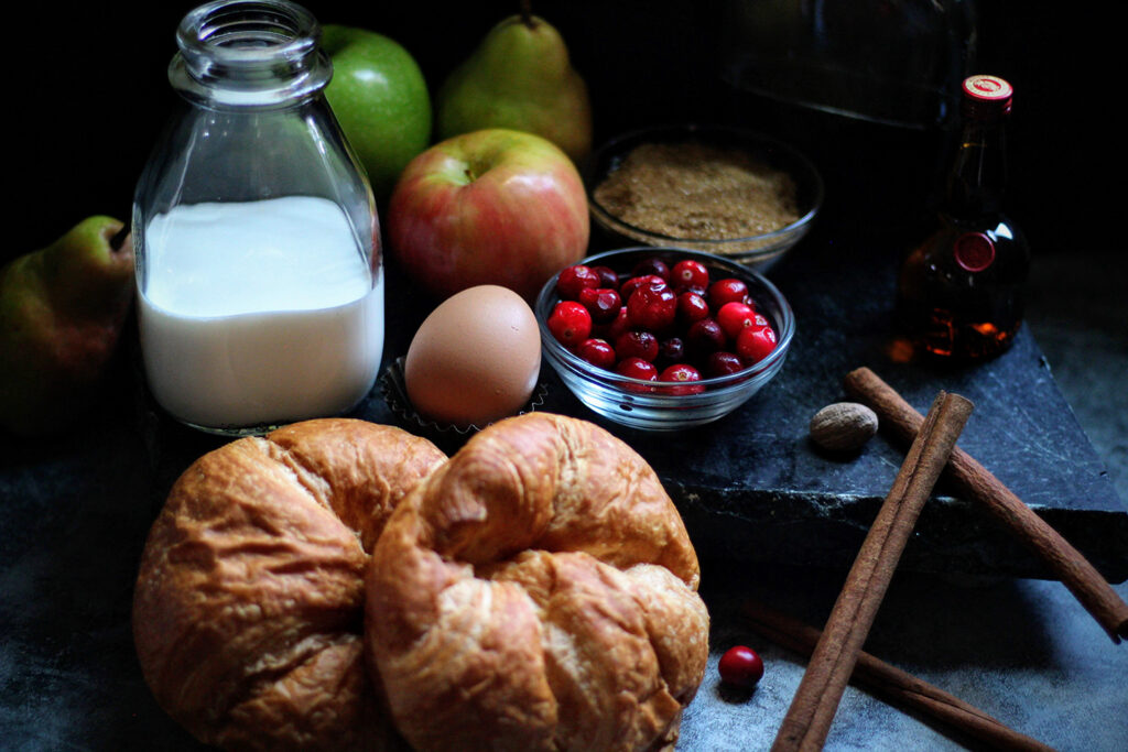 Ingredients for Croissant French Toast with with spiced apples, pears and cranberries