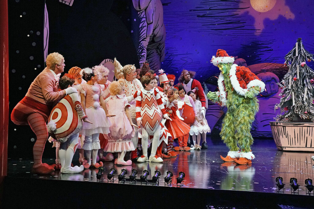 Performance of "How the Grinch Stole Christmas" on the stage of the Old Globe Theatre