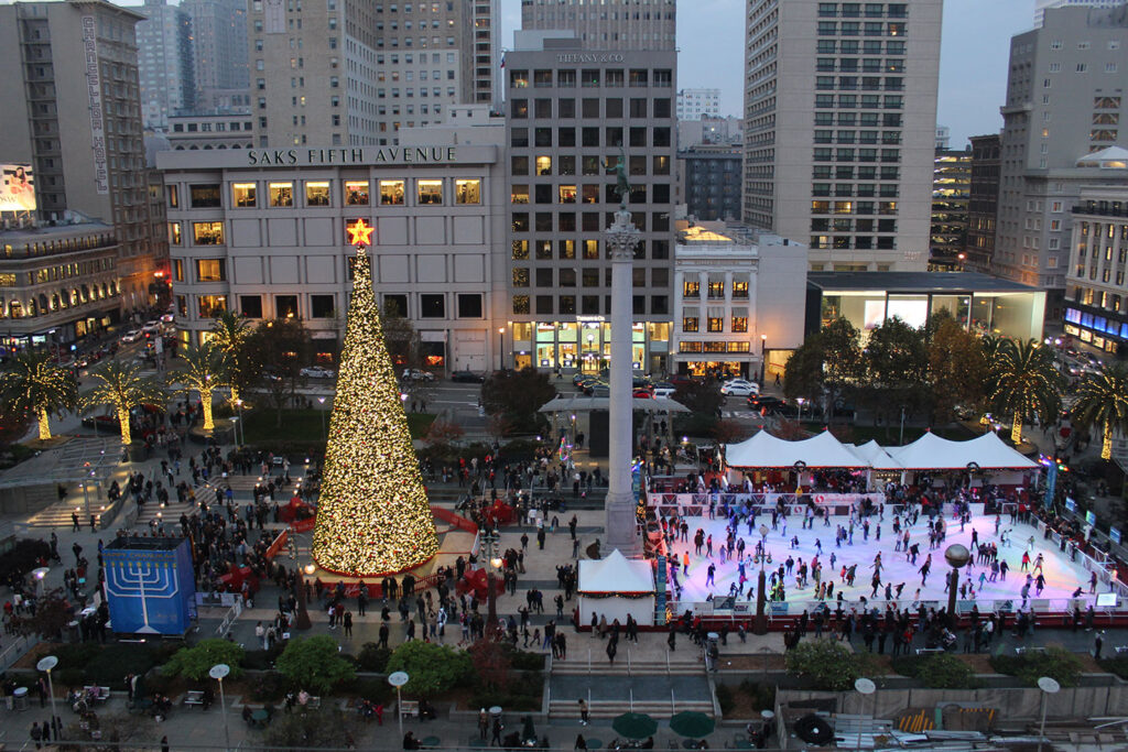 Macy's Christmas tree, ice-skating and the holiday festivities in San Francisco's Union Square