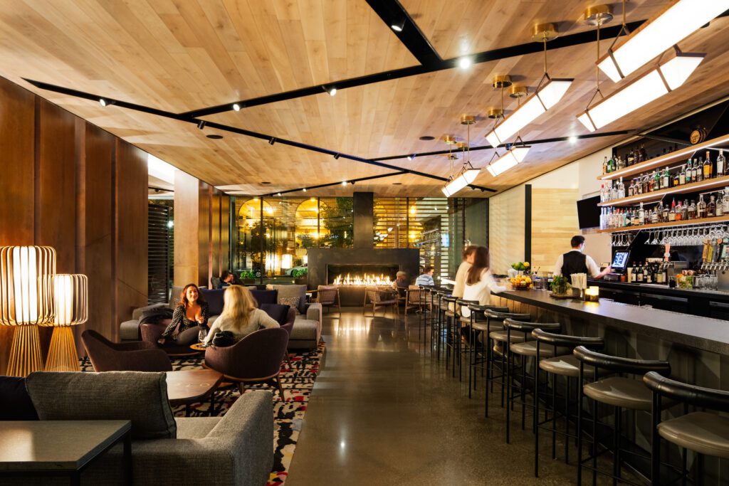 The modern fireplace in S.Low Bar at Hotel San Luis Obispo