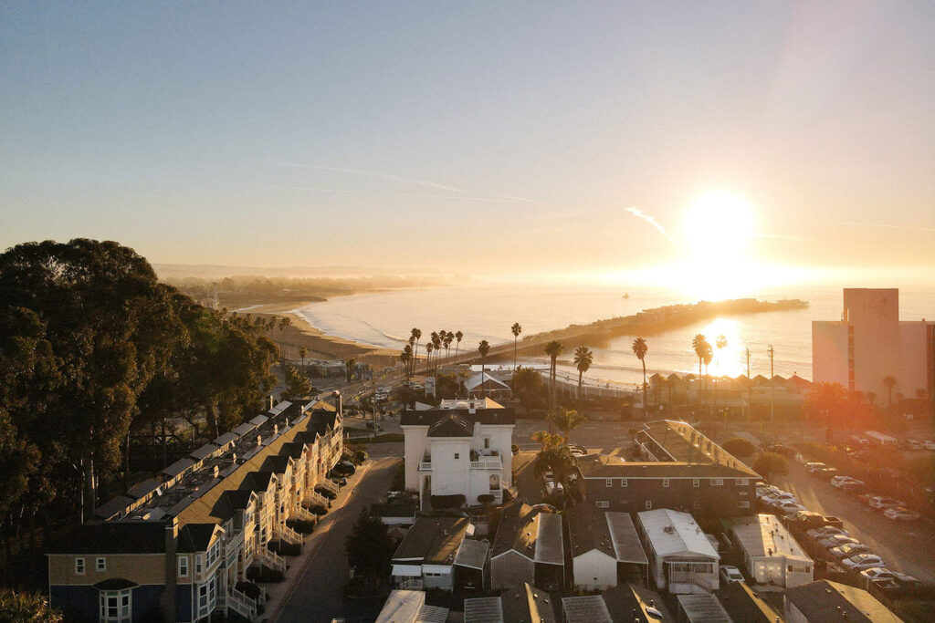 Aerial view of the West Cliff Inn and Santa Cruz Wharf