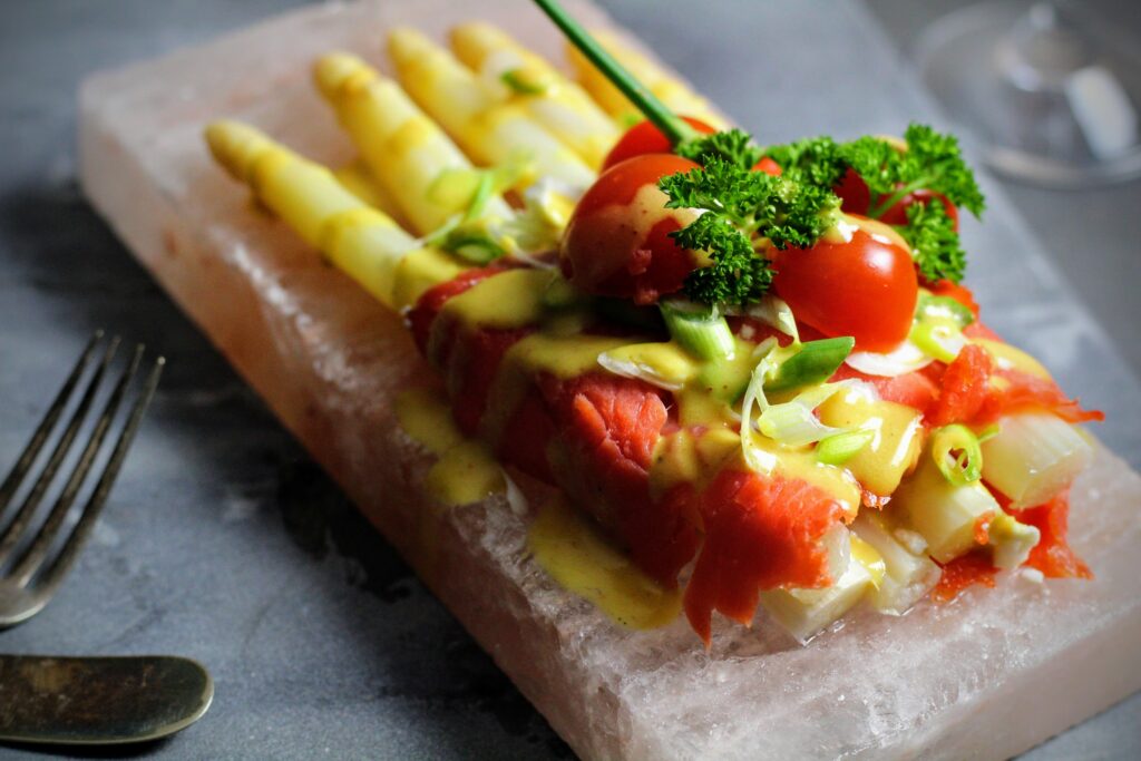 White Asparagus Wrapped with Smoked Salmon