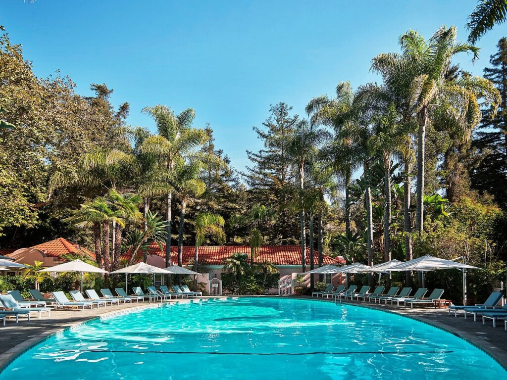 The iconic oval-shaped pool at Hotel Bel-Air