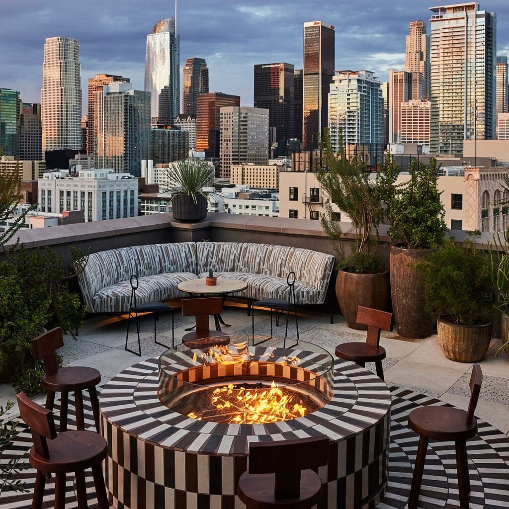 Fire pit on the rooftop deck of Downtown LA Proper Hotel