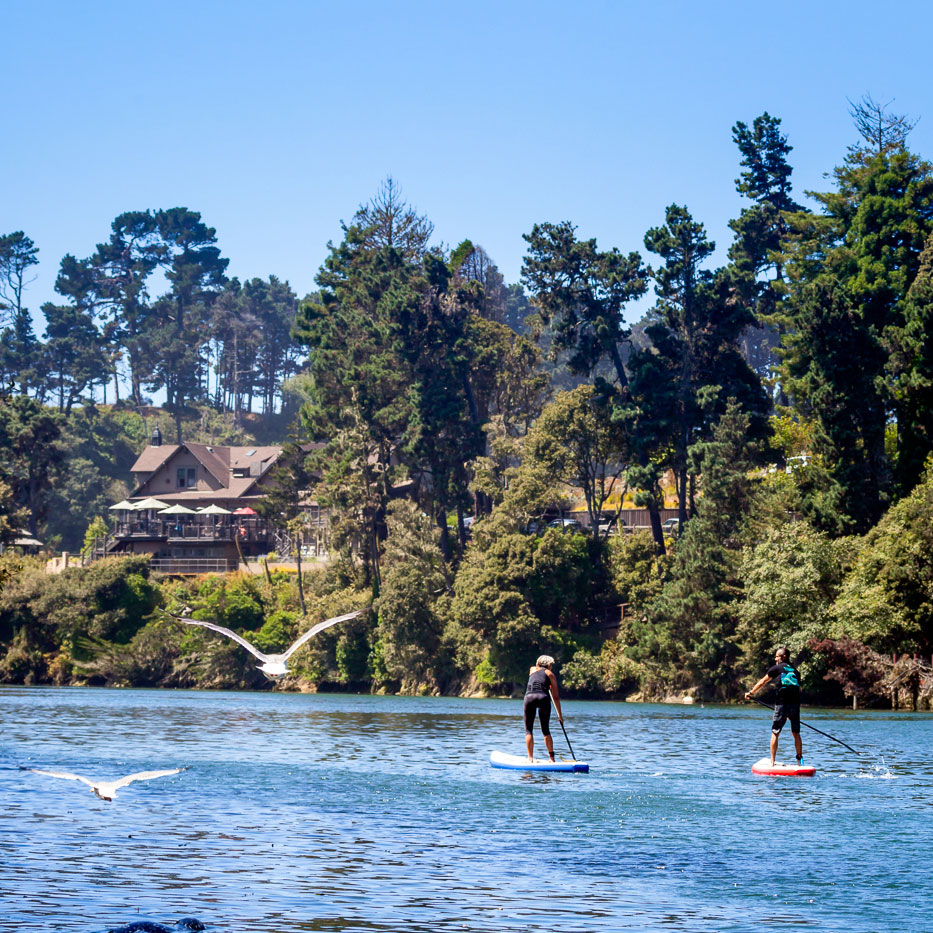 Stand-up paddle boarding on the Noyo River near Noho Harbor Inn
