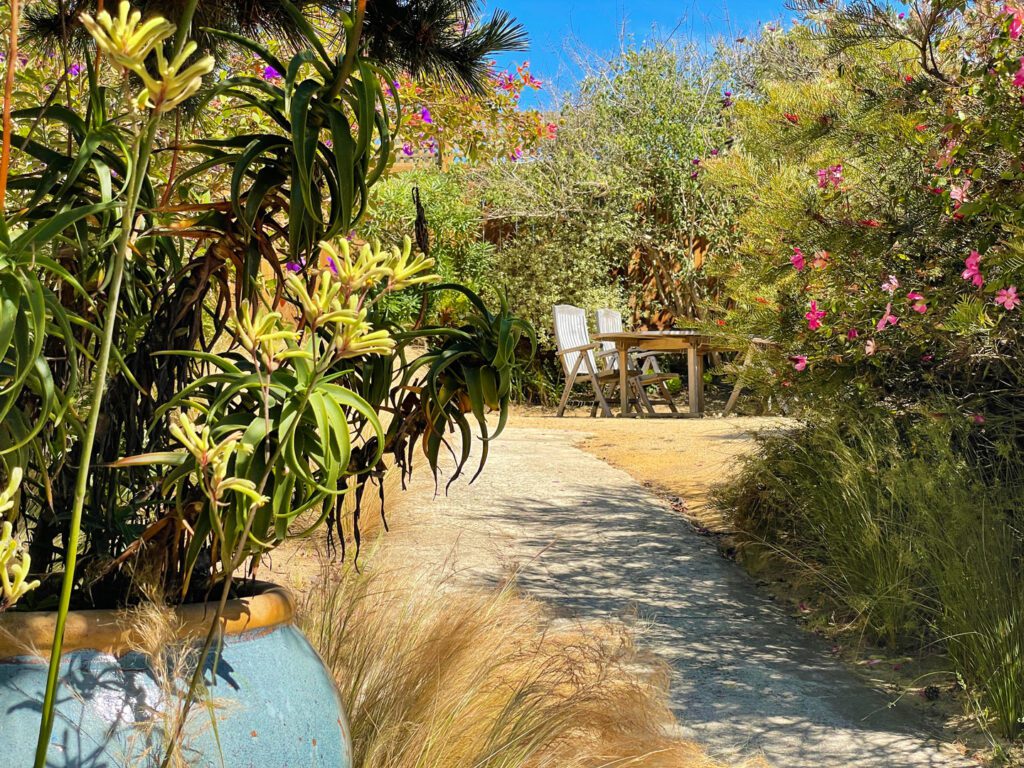 Gardens and outdoor seating at Bodgea Bay Inn