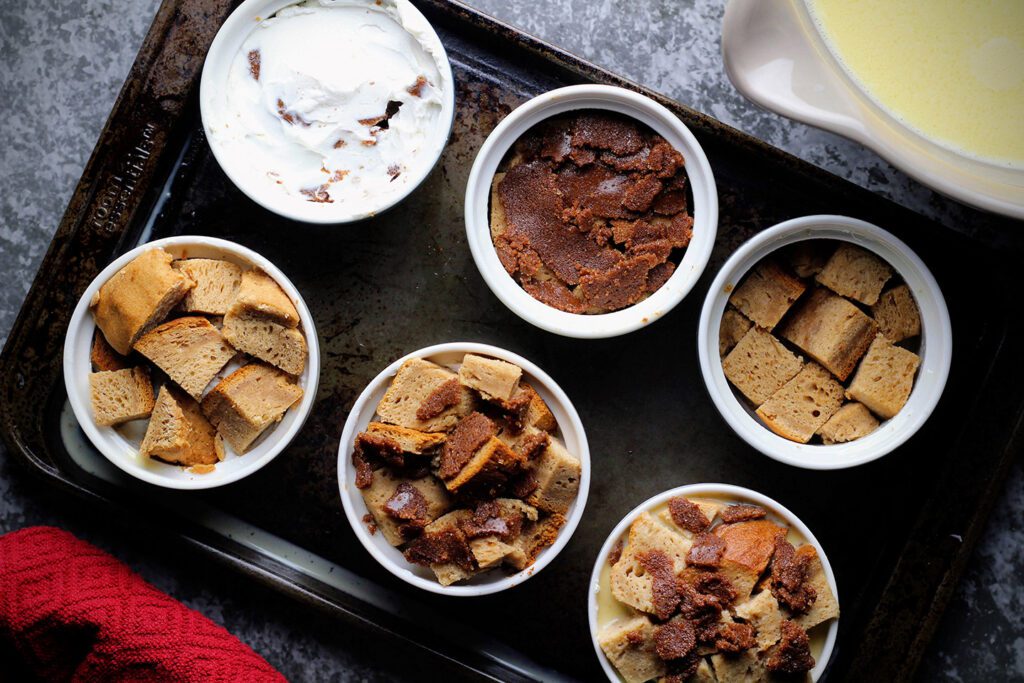 Assemble the bread pudding in layers 