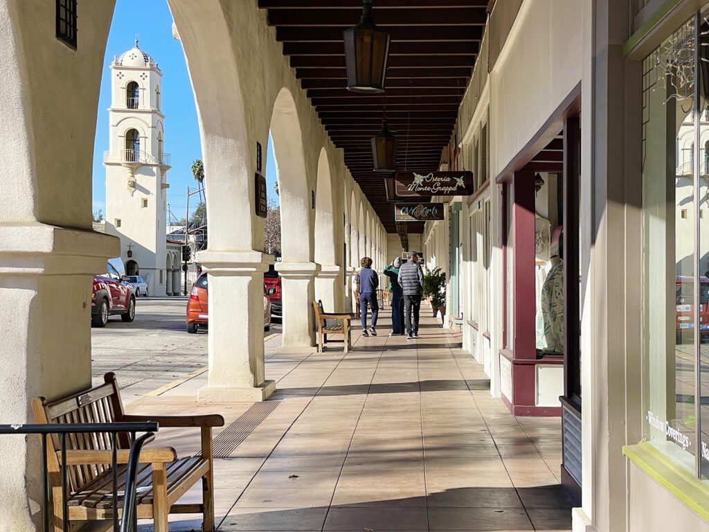 The historic arcade and bell tower in downtown Ojai