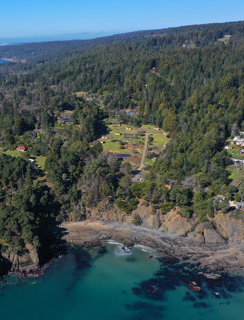 Aerial view of Mar Vista Farm + Cottages and Fish Rock Beach