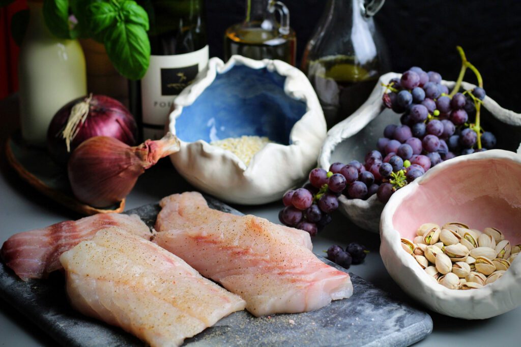 Ingredients for Pistachio-Encrusted Rock Cod with Riesling Beurre Blanc and Grape Relish