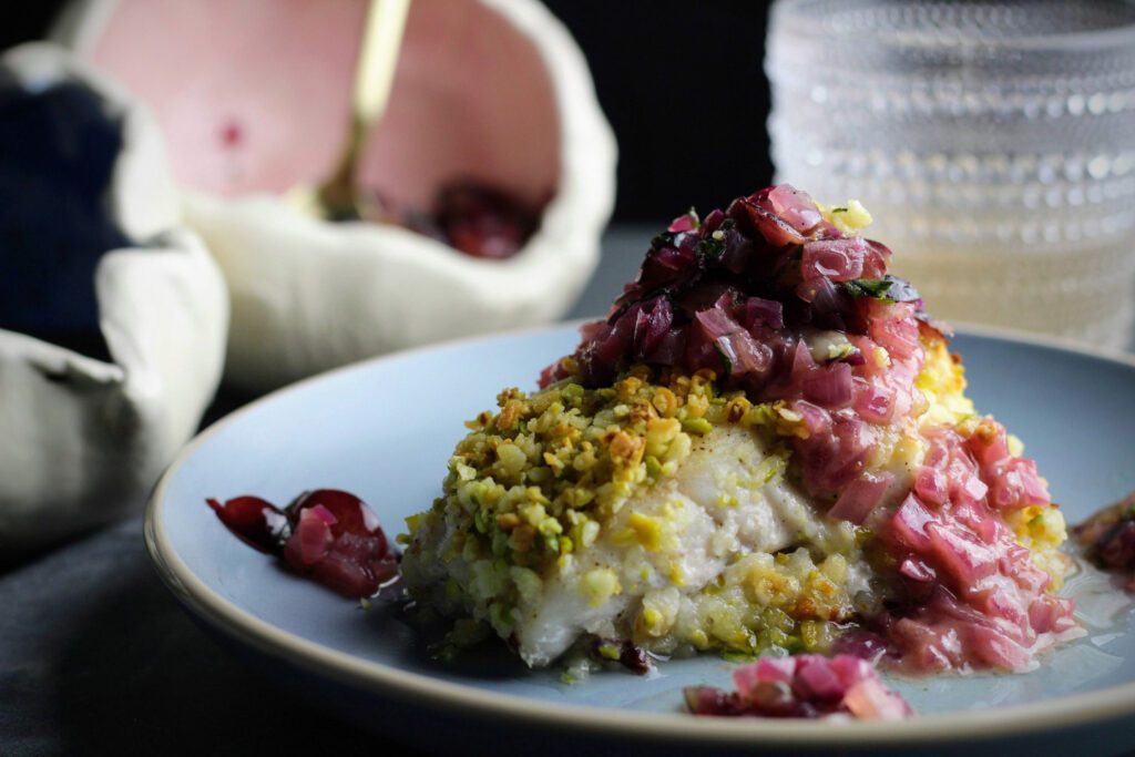 Pistachio-Encrusted Rock Cod with Riesling Beurre Blanc & Grape Relish