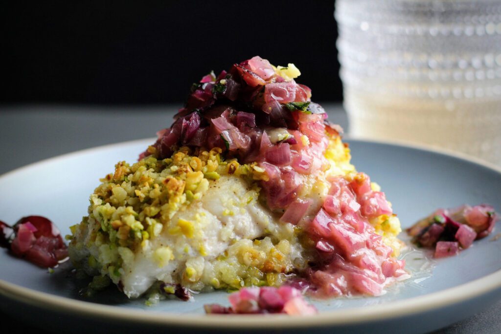 Pistachio-Encrusted Rock Cod with Riesling Beurre Blanc & Grape Relish