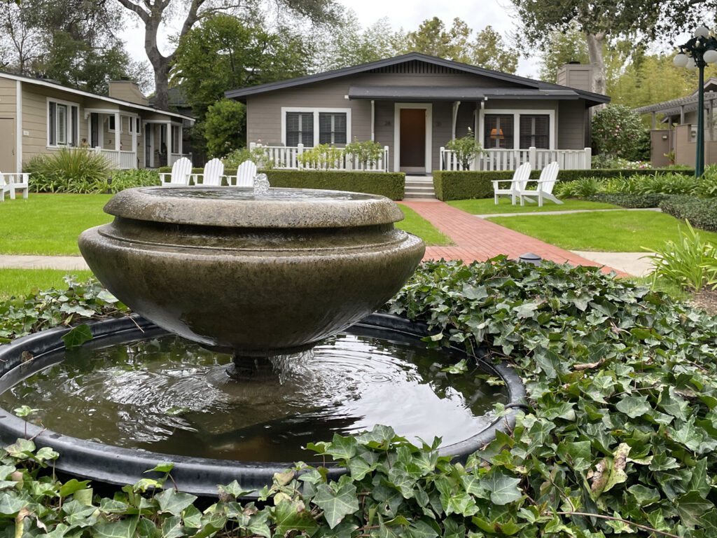 Garden fountain and cottages at the Upham Hotel