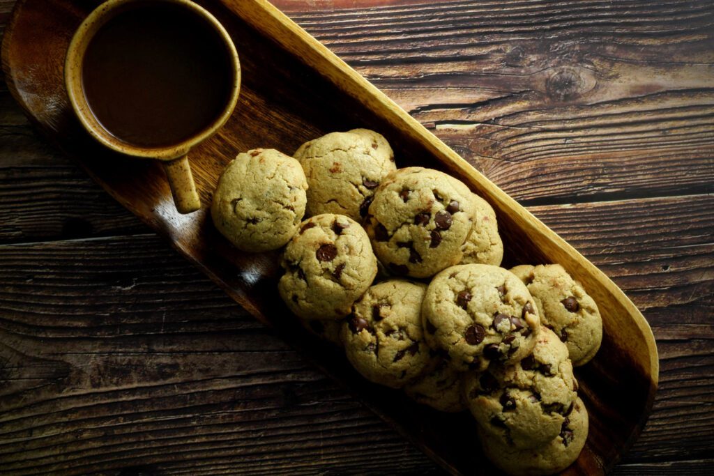 Chocolate chip cookies on a tray.