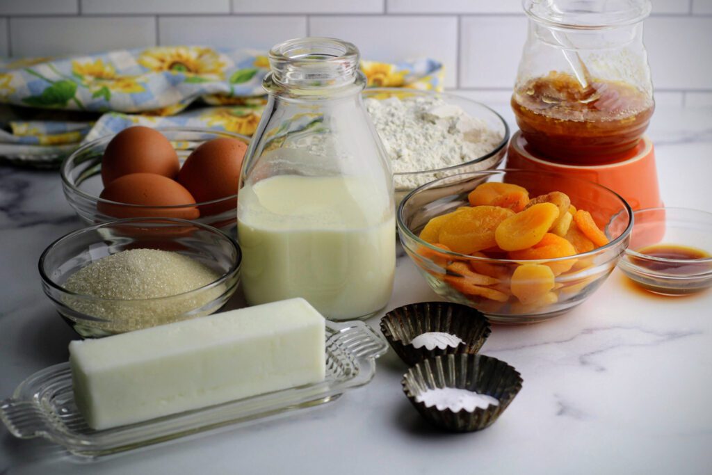 Apricots, flour, honey, eggs, milk, butter