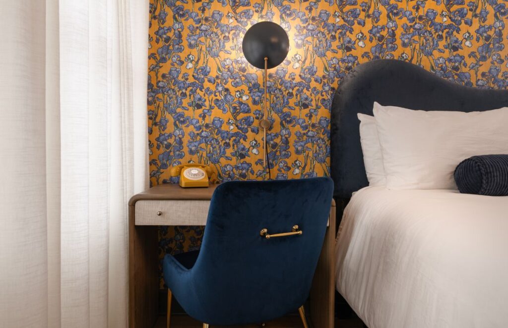 Detail of the Van Gogh guest room with the iris wallpaper.