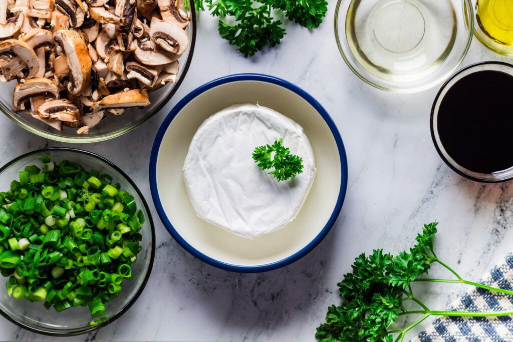 Brie, scallions, parsley, and mushrooms