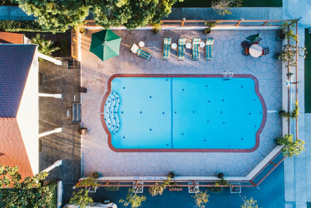 Aerial photo of the pool at Lavender Inn