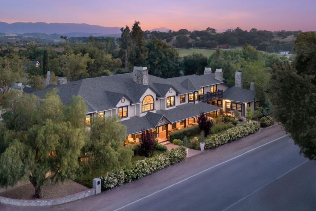 Aerial view of the Ballard Inn at sunset