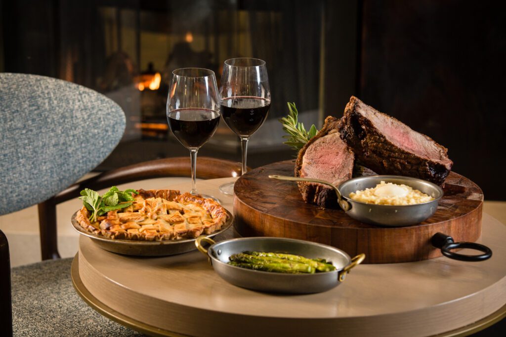 Prime rib, mashed potatoes,  asparagus, pumpkin pie, and wine served fireside at Terra