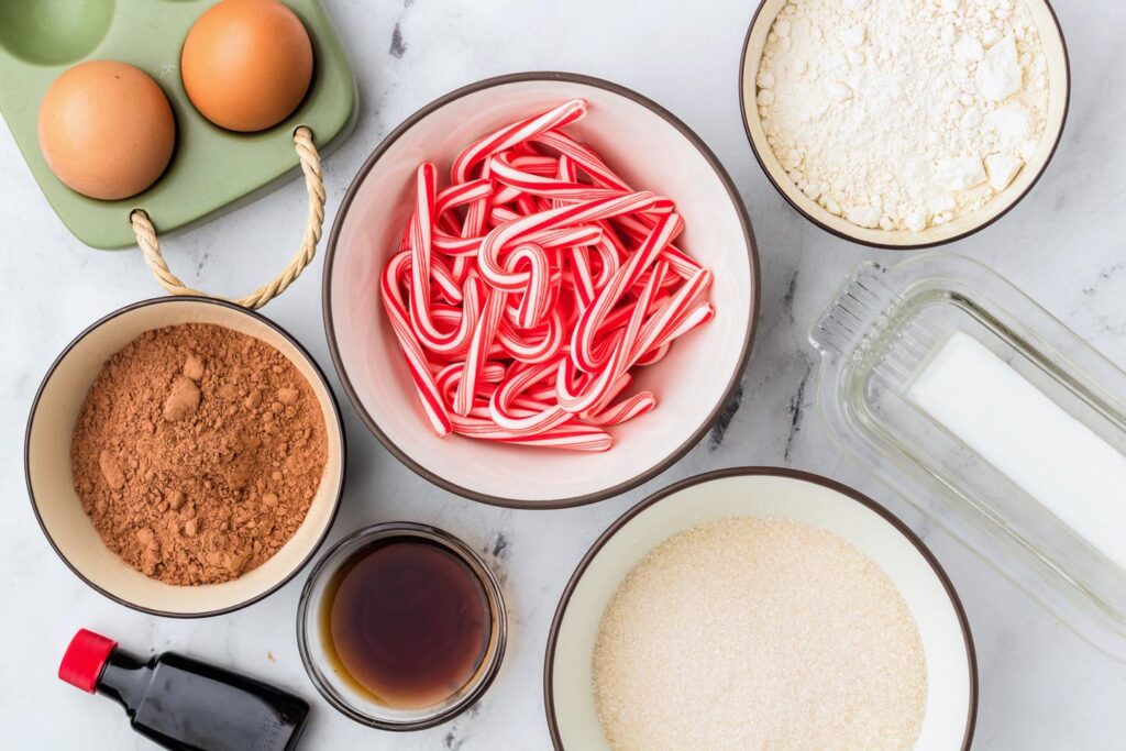 Eggs, candy canes, flour, sugar, butter, coffee, peppermint extract, and cocoa powder